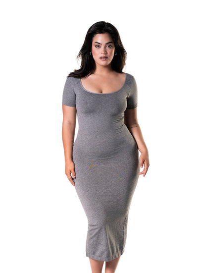 Body Modelador Midi Vestido com Fenda e Mangas Curtas